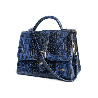 Jasmin Elite Hand-Burnished Croc Leather Mini Satchel Sling Steel Blue