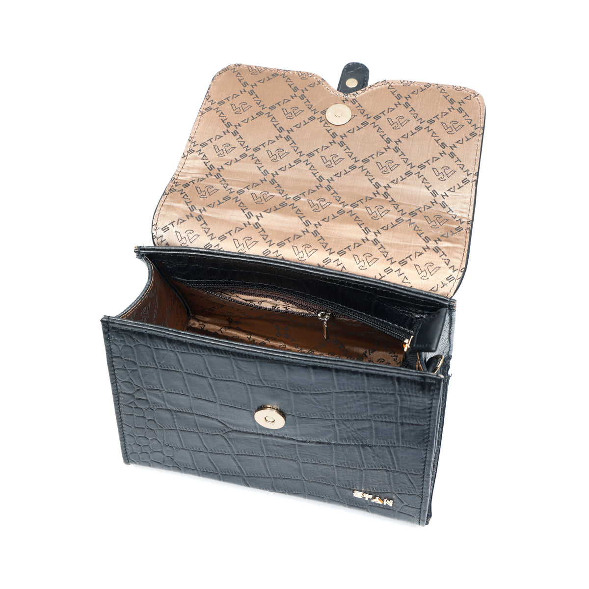 Jasmin Elite Hand-Burnished Croc Leather Mini Satchel Zip Pocket  Black