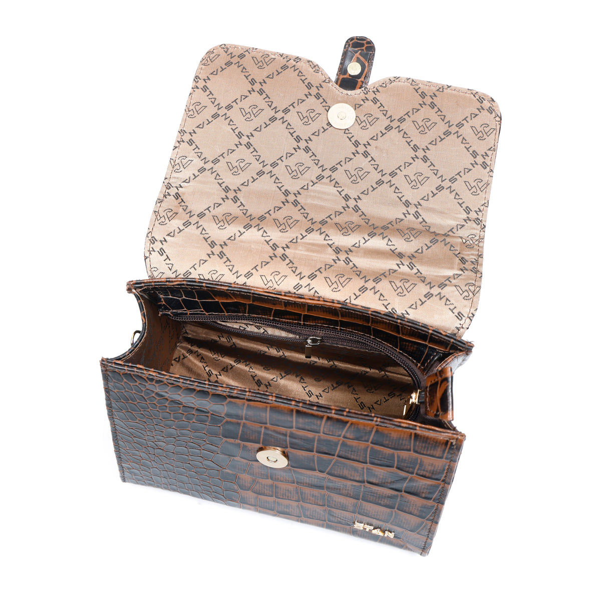 Jasmin Elite Hand-Burnished Croc Leather Mini Satchel Zip Pocket Burnt Cognac