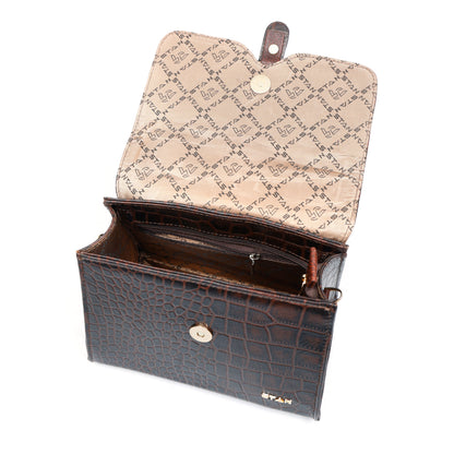 Jasmin Elite Hand-Burnished Croc Leather Mini Satchel Zip Pocket  Mahogany Brown 