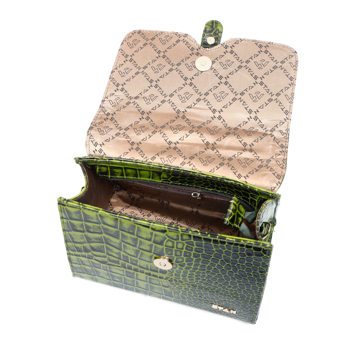 Jasmin Elite Hand-Burnished Croc Leather Mini Satchel Zip Pocket  Moss Green