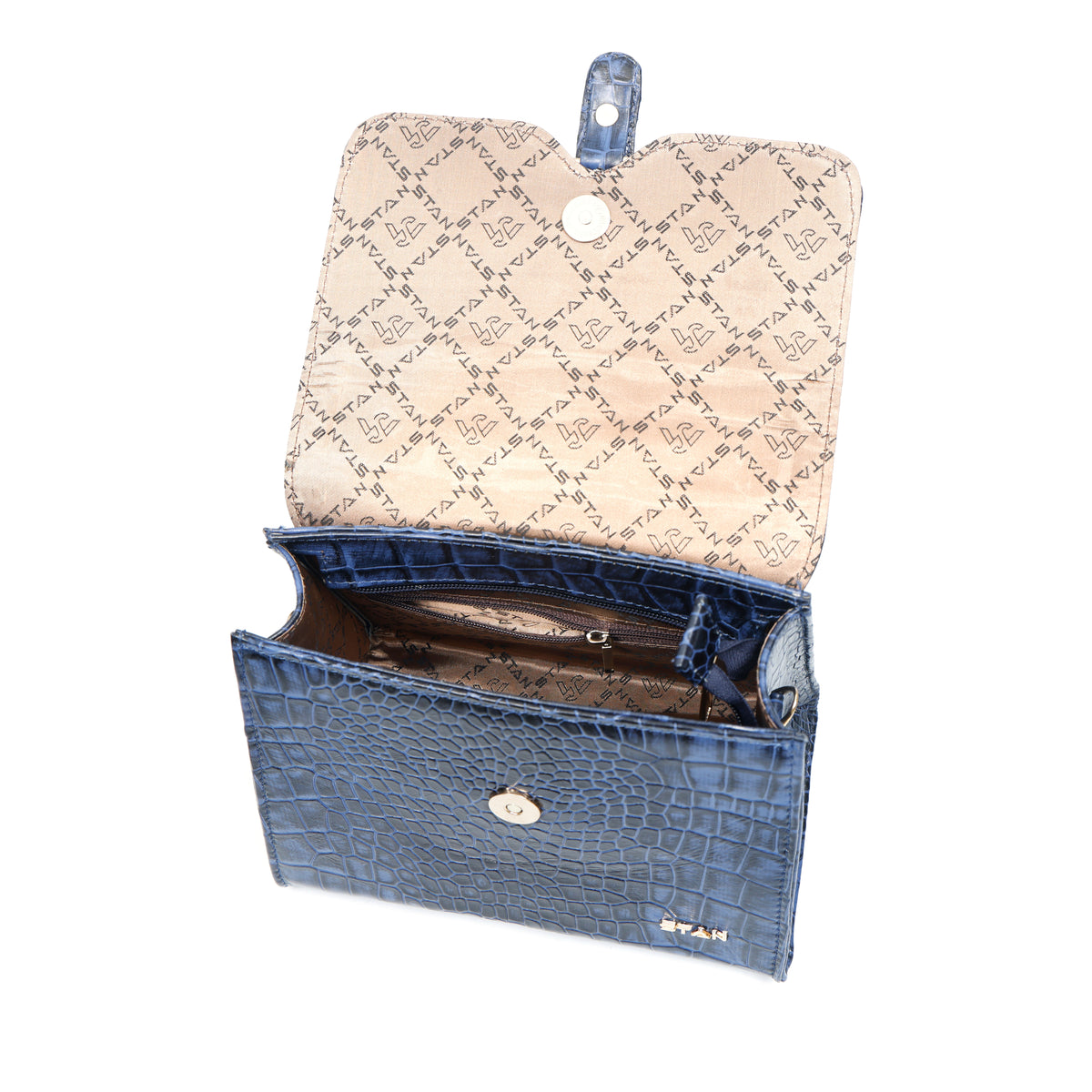 Jasmin Elite Hand-Burnished Croc Leather Mini Satchel Zip Pocket Steel Blue