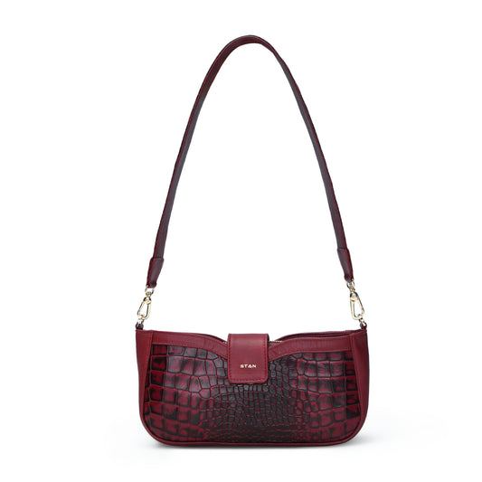Kaia Croc Hand Burnished Leather Mini Handbag Front View Wine Red