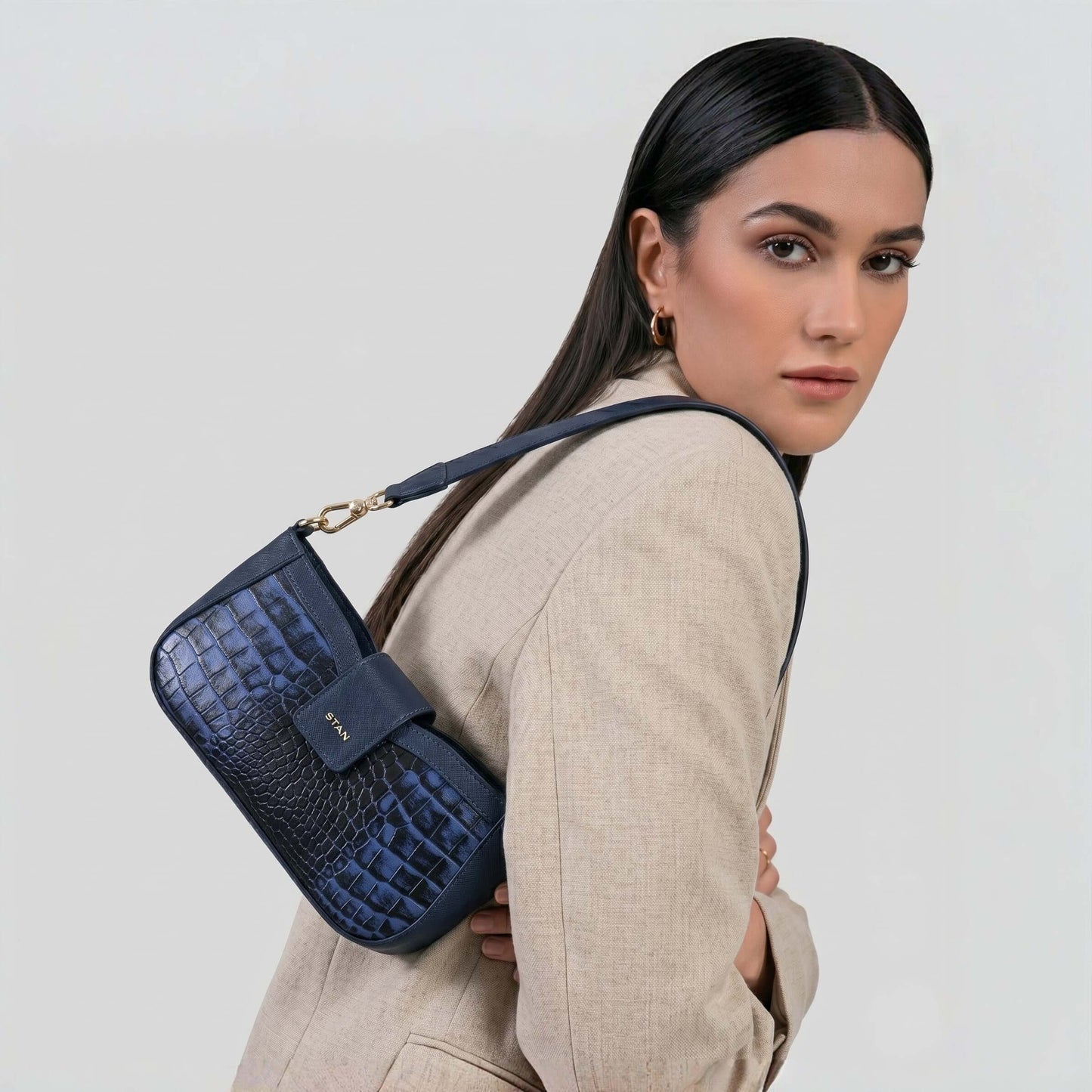 Kaia Croc Hand Burnished Leather Mini Handbag Model by side Steel Blue