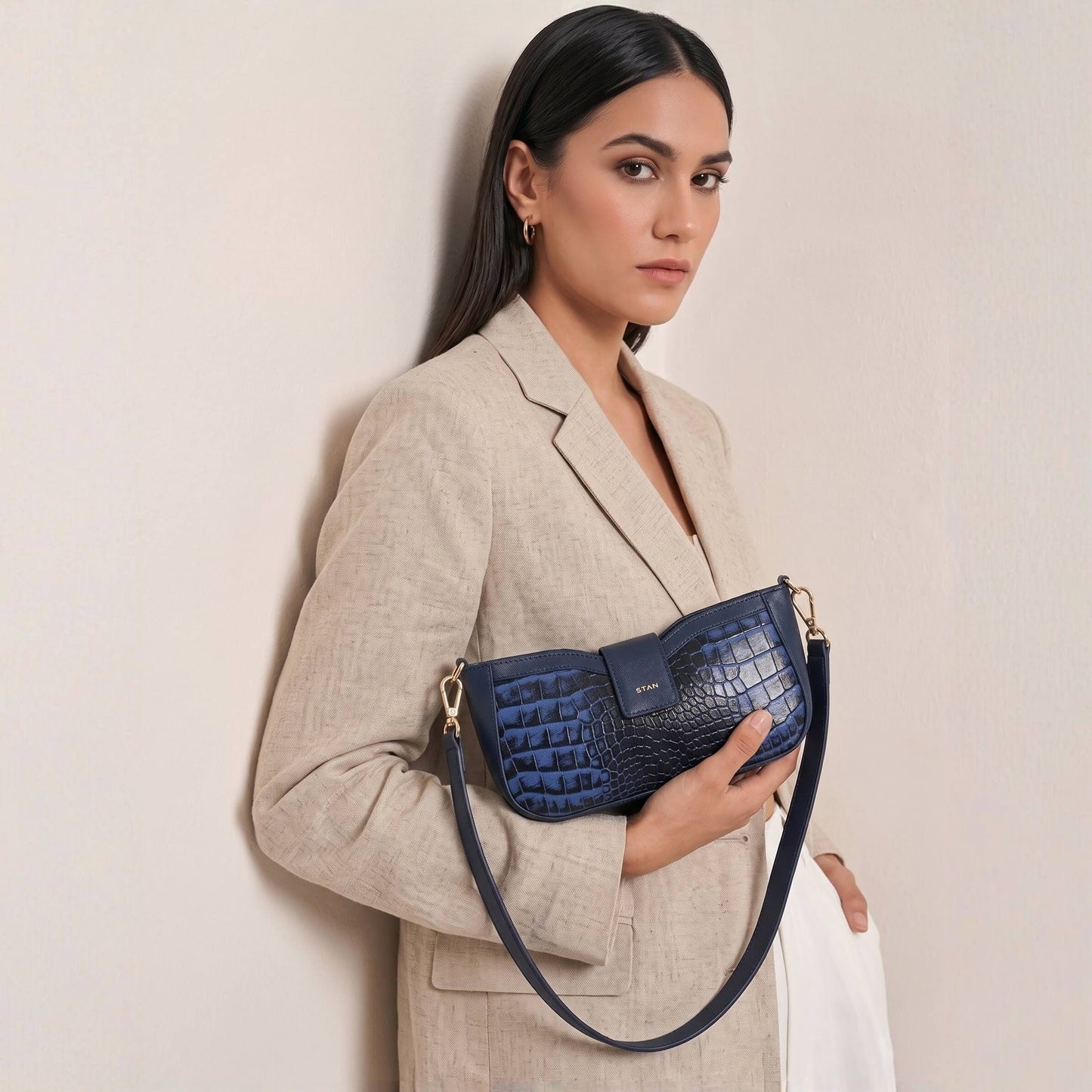 Kaia Croc Hand Burnished Leather Mini Handbag Model carry Steel Blue