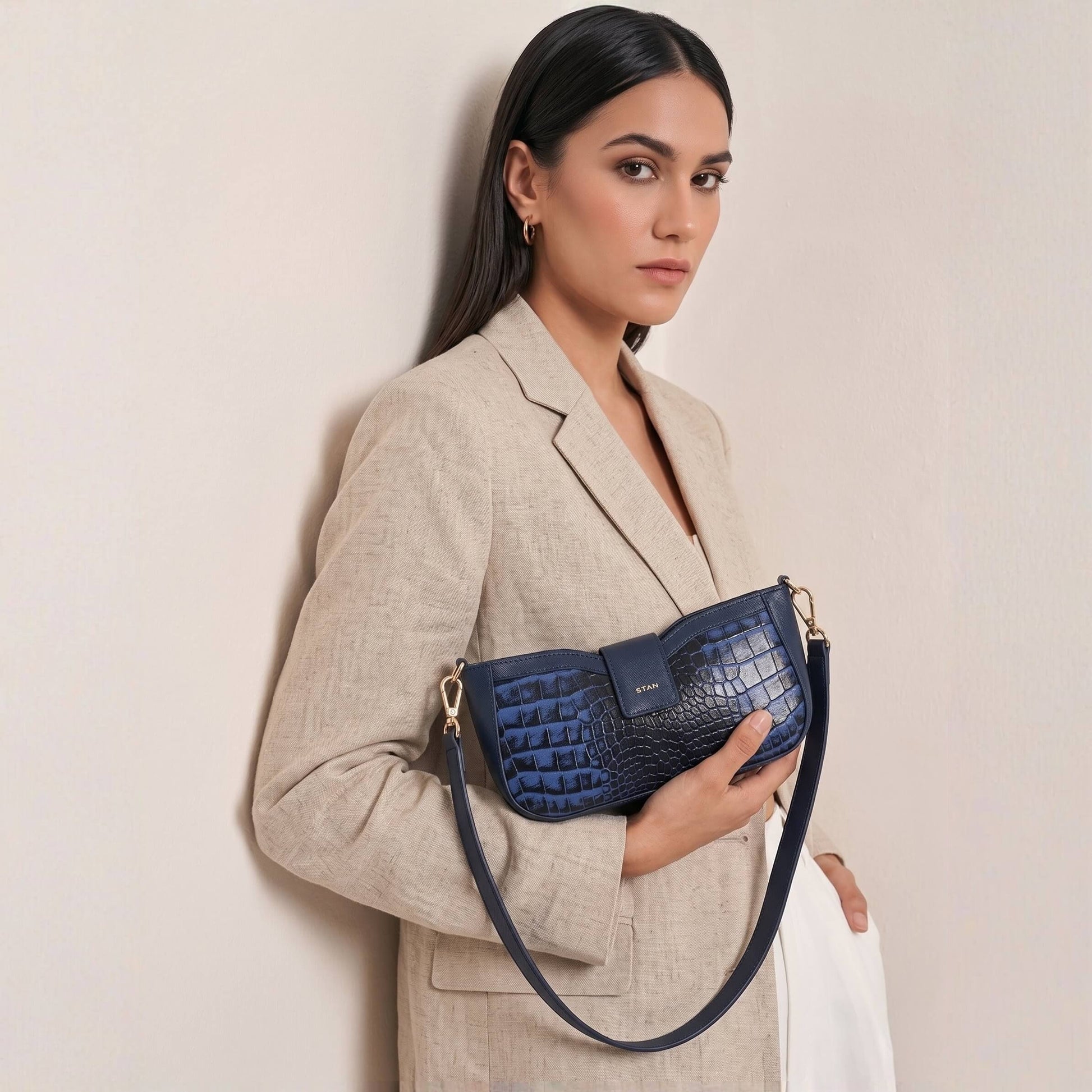 Kaia Croc Hand Burnished Leather Mini Handbag Model carry Steel Blue