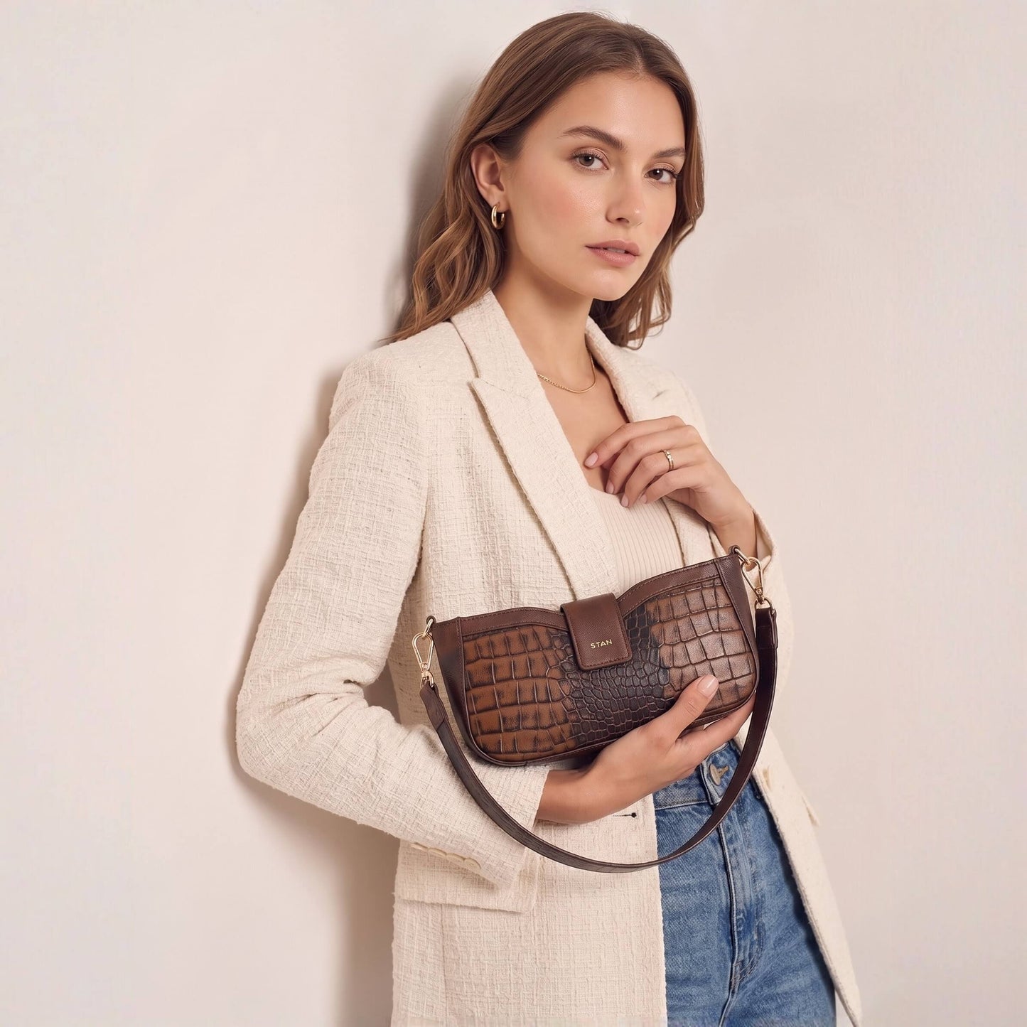 Kaia Croc Hand Burnished Leather Mini Handbag Model carry Tan