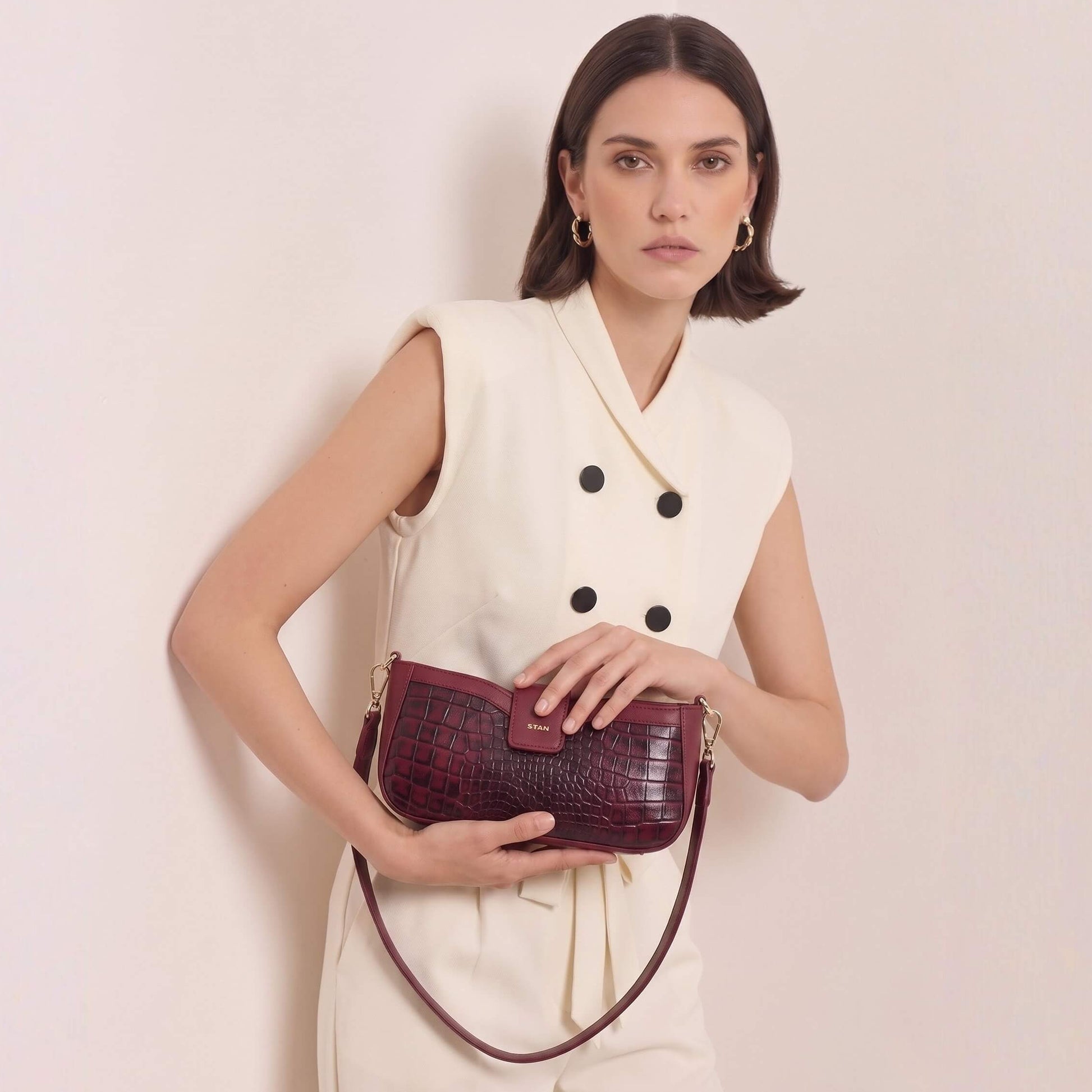 Kaia Croc Hand Burnished Leather Mini Handbag Model carry Wine Red