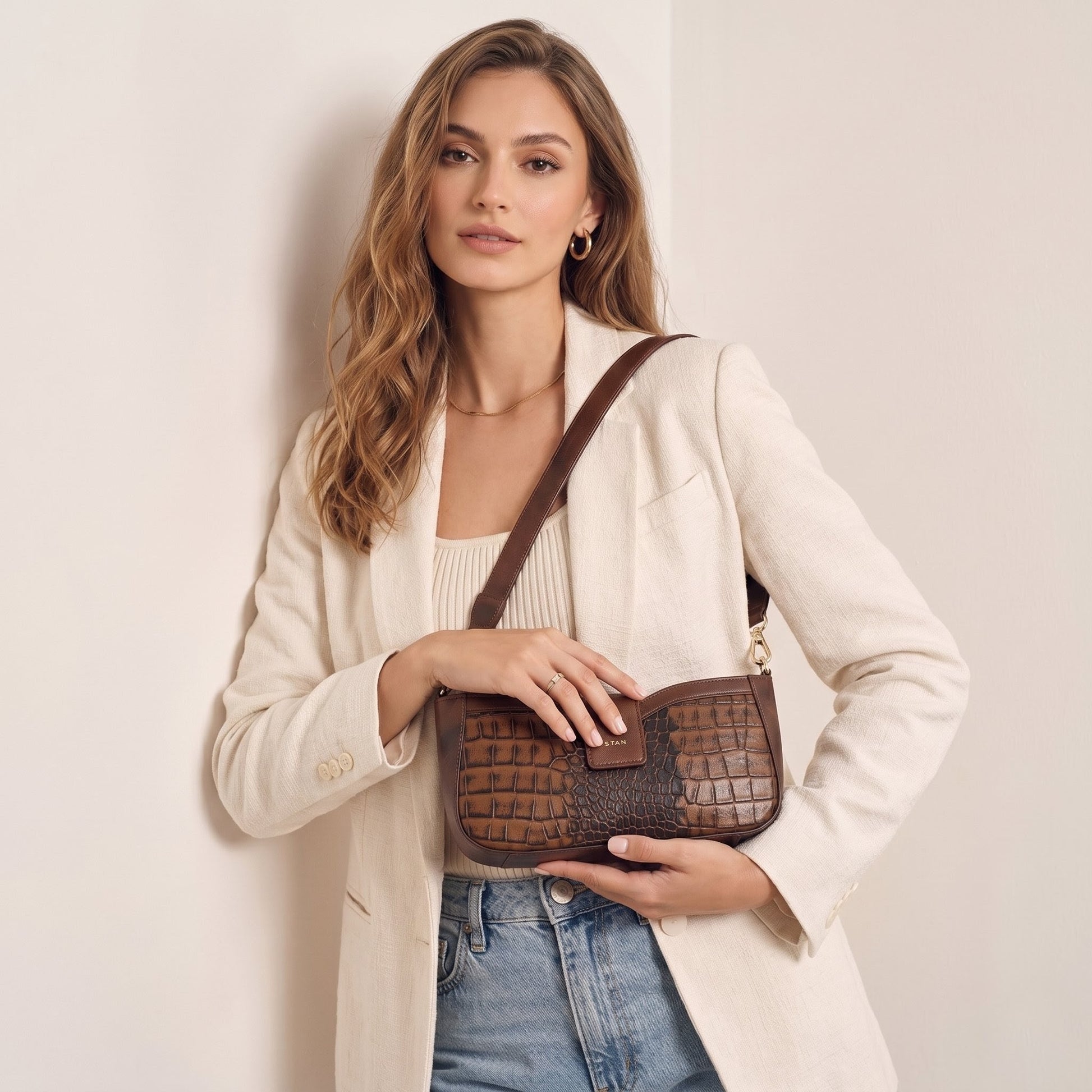 Kaia Croc Hand Burnished Leather Mini Handbag Model side Tan