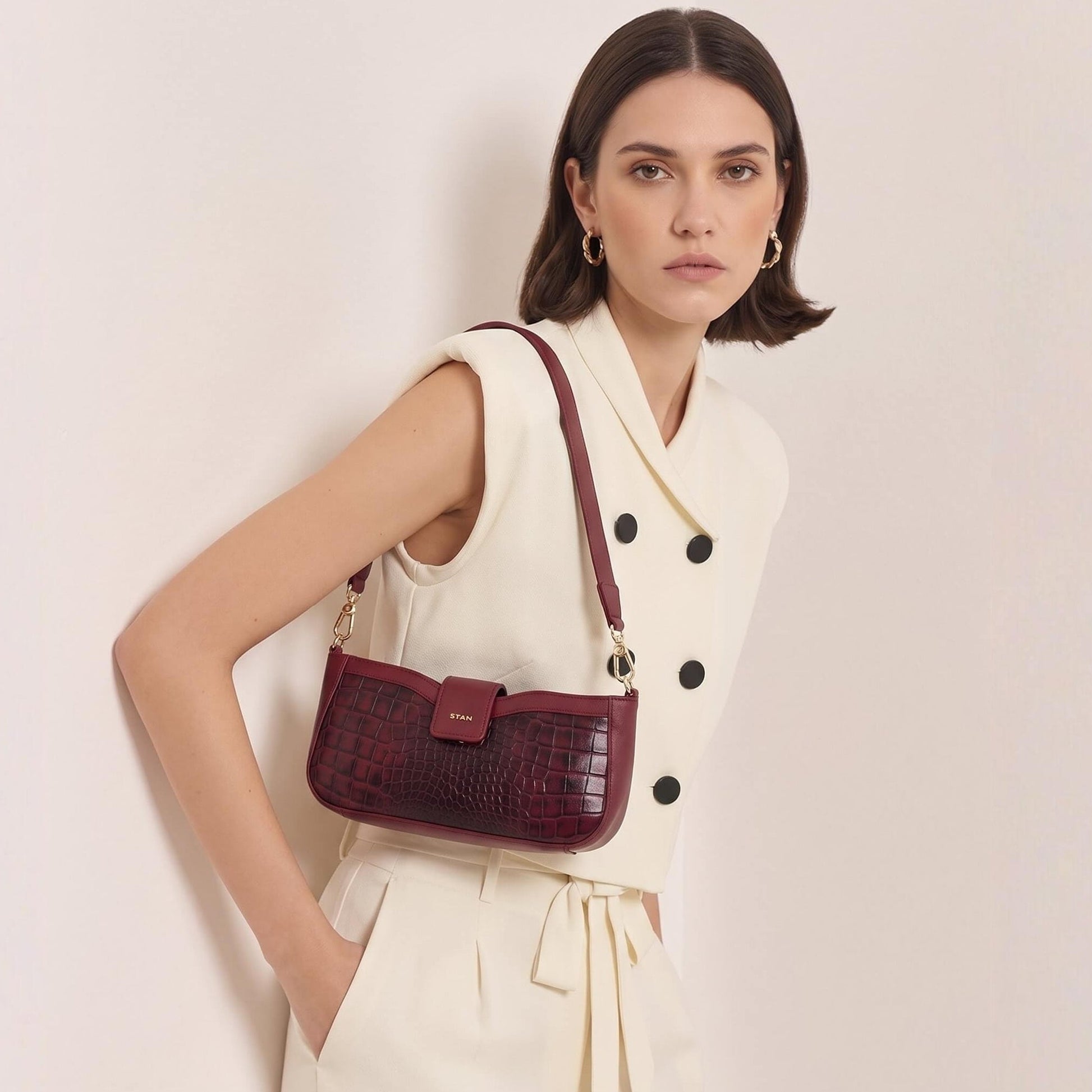 Kaia Croc Hand Burnished Leather Mini Handbag Model side Wine Red