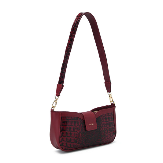 Kaia Croc Hand Burnished Leather Mini Handbag Three Quarter View Wine Red