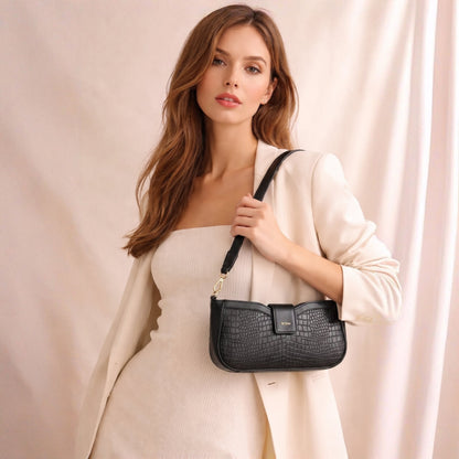 Kaia Croc Leather Mini Handbag Model side Black