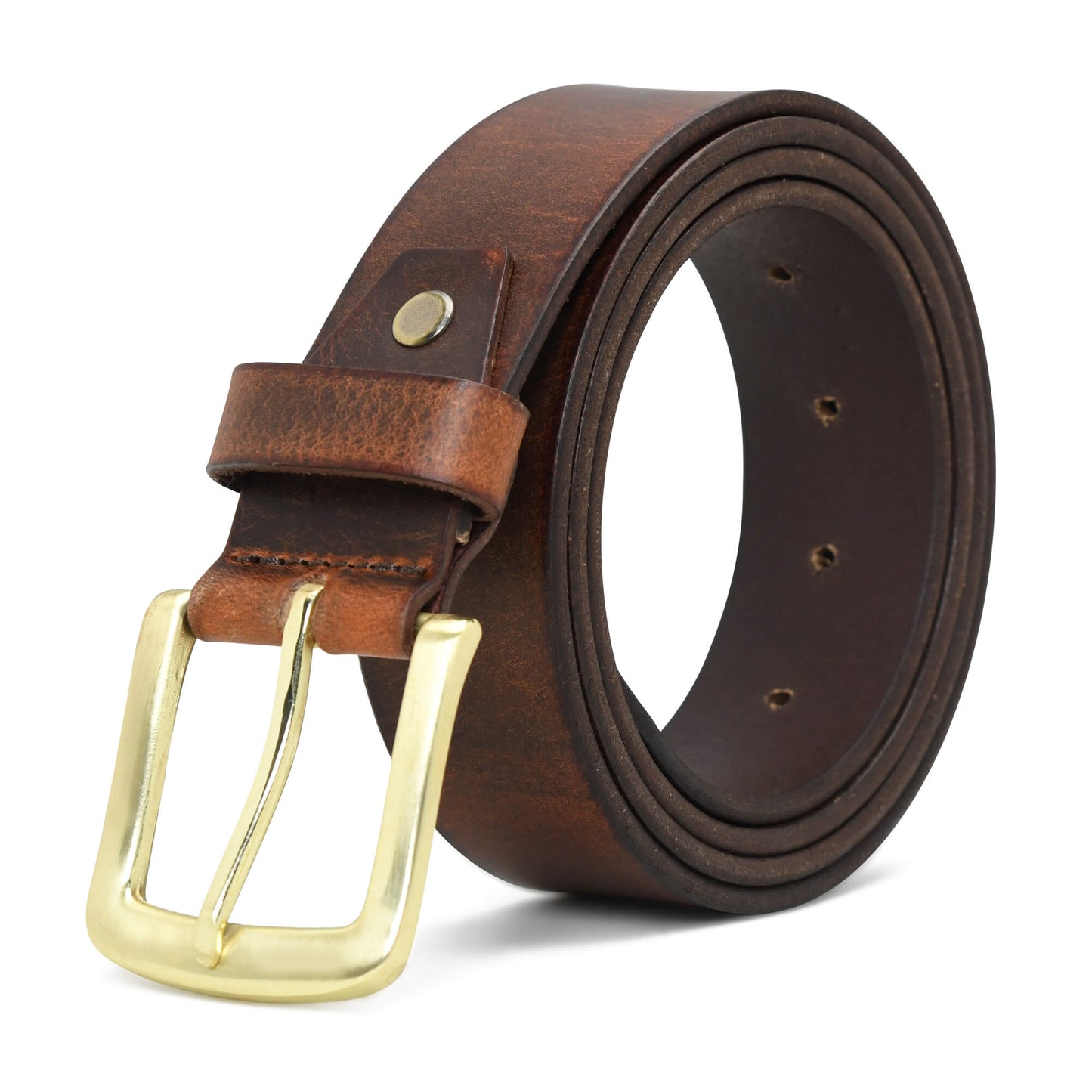 Maddox Mens Rugged Pull Up Leather Belt Distressed Finish Brushed Gold Buckle Burnished Brown