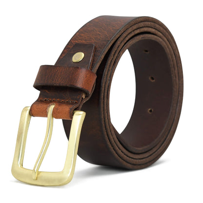 Maddox Mens Rugged Pull Up Leather Belt Distressed Finish Brushed Gold Buckle Saddle Brown