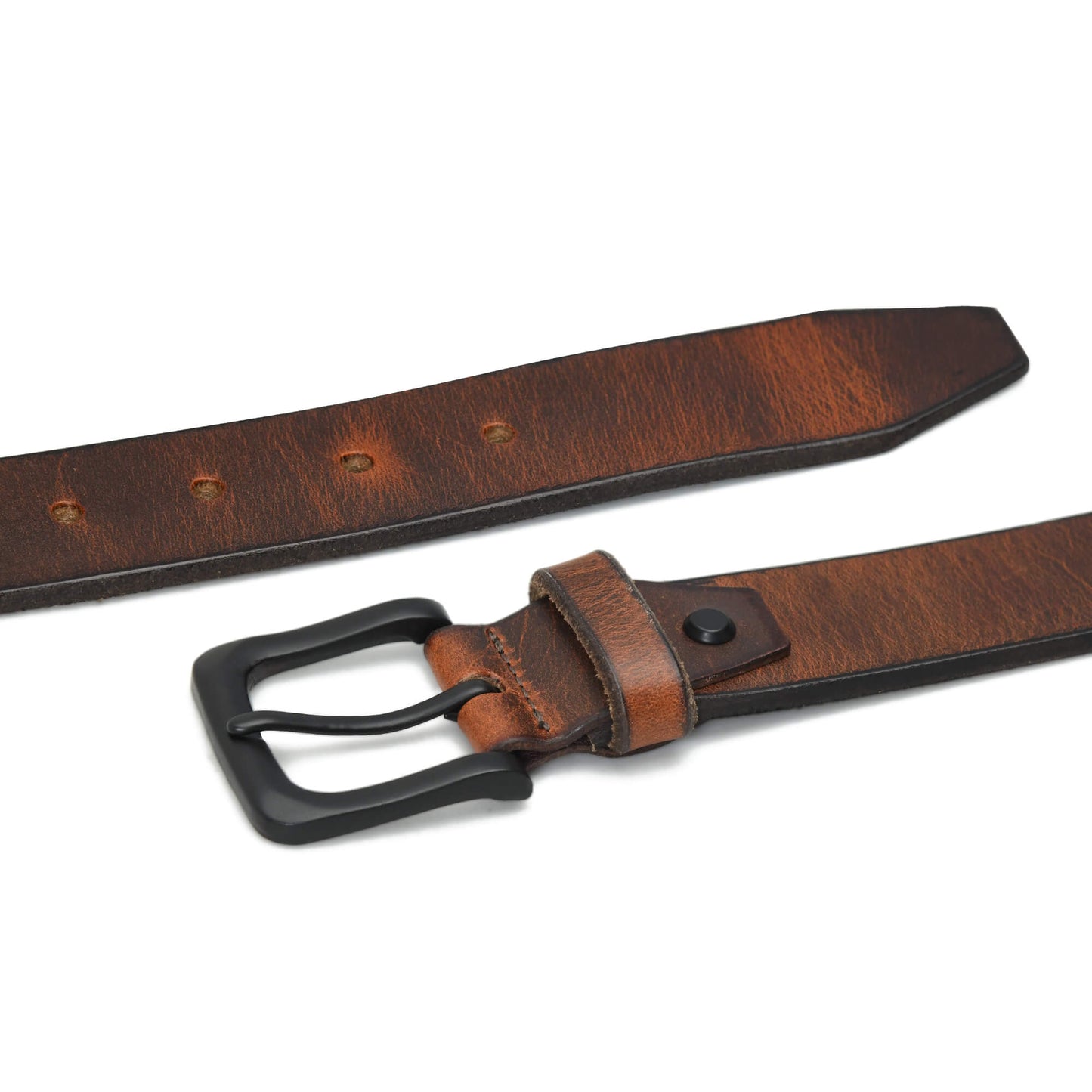 Maddox Mens Rugged Pull Up Leather Belt Distressed Finish Flat Lay Burnished Brown