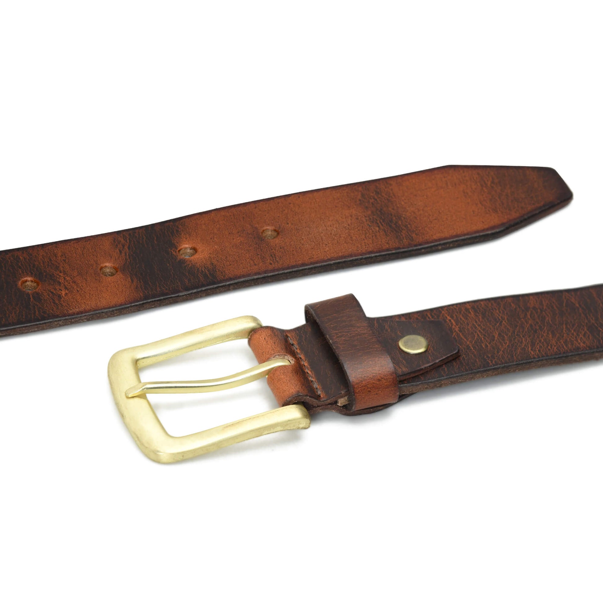 Maddox Mens Rugged Pull Up Leather Belt Distressed Finish Flat Lay Saddle Brown