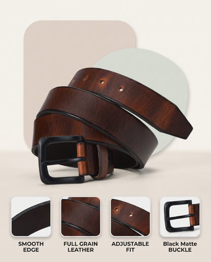 Maddox Mens Rugged Pull Up Leather Belt Distressed Finish Infographic Burnished Brown