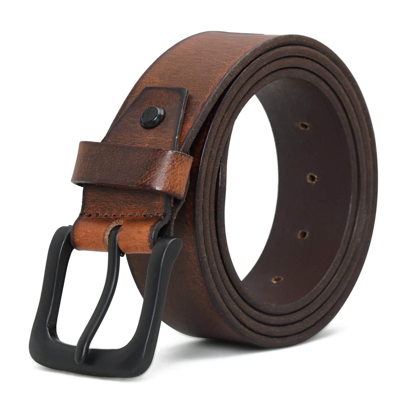 Maddox Mens Rugged Pull Up Leather Belt Distressed Finish Matte Black Buckle Saddle Brown