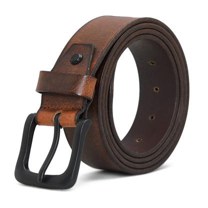 Maddox Mens Rugged Pull Up Leather Belt Distressed Finish Matte Black Buckle Saddle Brown