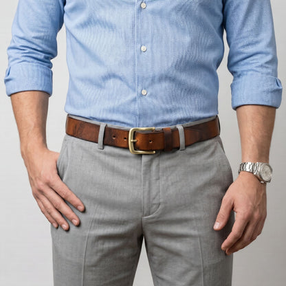 Maddox Mens Rugged Pull Up Leather Belt Distressed Finish Model Wear Saddle Brown