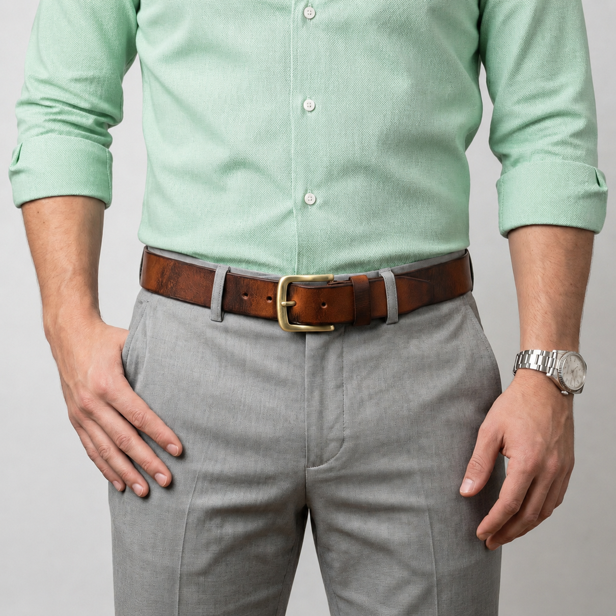 Maddox Mens Rugged Pull Up Leather Belt Distressed Finish Model Wear Saddle Brown