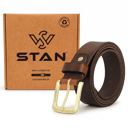 Maddox Mens Rugged Pull Up Leather Belt Distressed Finish with Box Saddle Brown