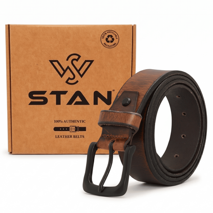 Maddox Mens Rugged Pull Up Leather Belt Distressed with Box Burnished Brown