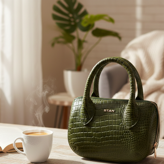 Oliva Croc Embossed Leather Top Handel Sling Handbag Hero Camouflage Green