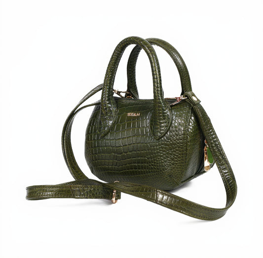 Oliva Croc Embossed Leather Top Handel Sling Handbag Main Camouflage Green