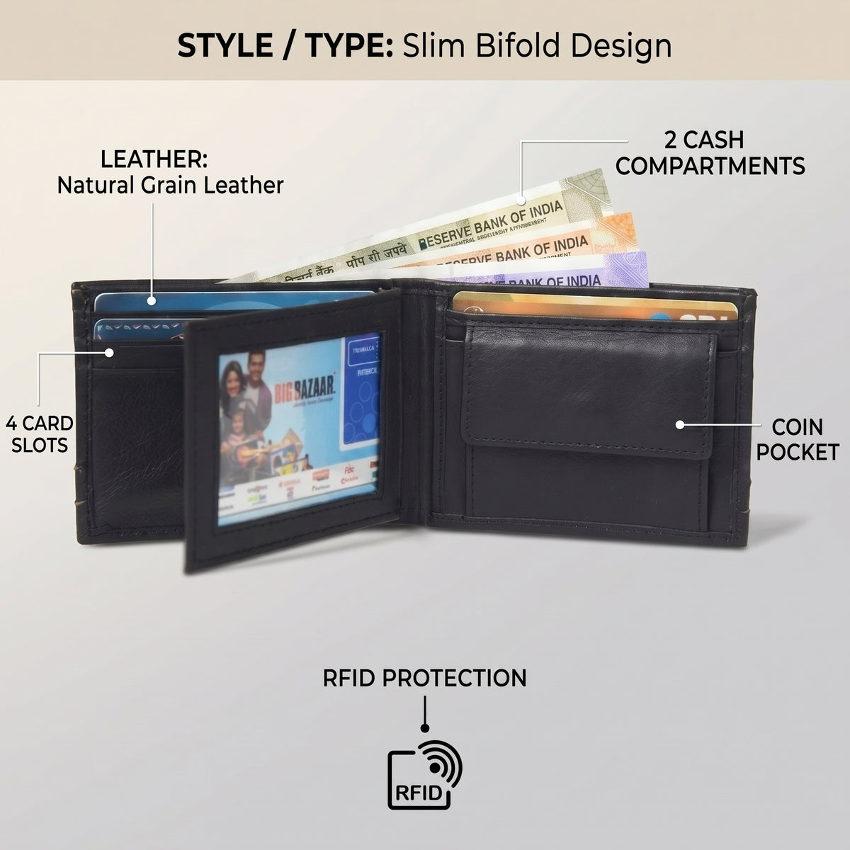 Orvyn Slim Compact Design Full-Grain Leather Wallet for Men Infographic Dark Brown