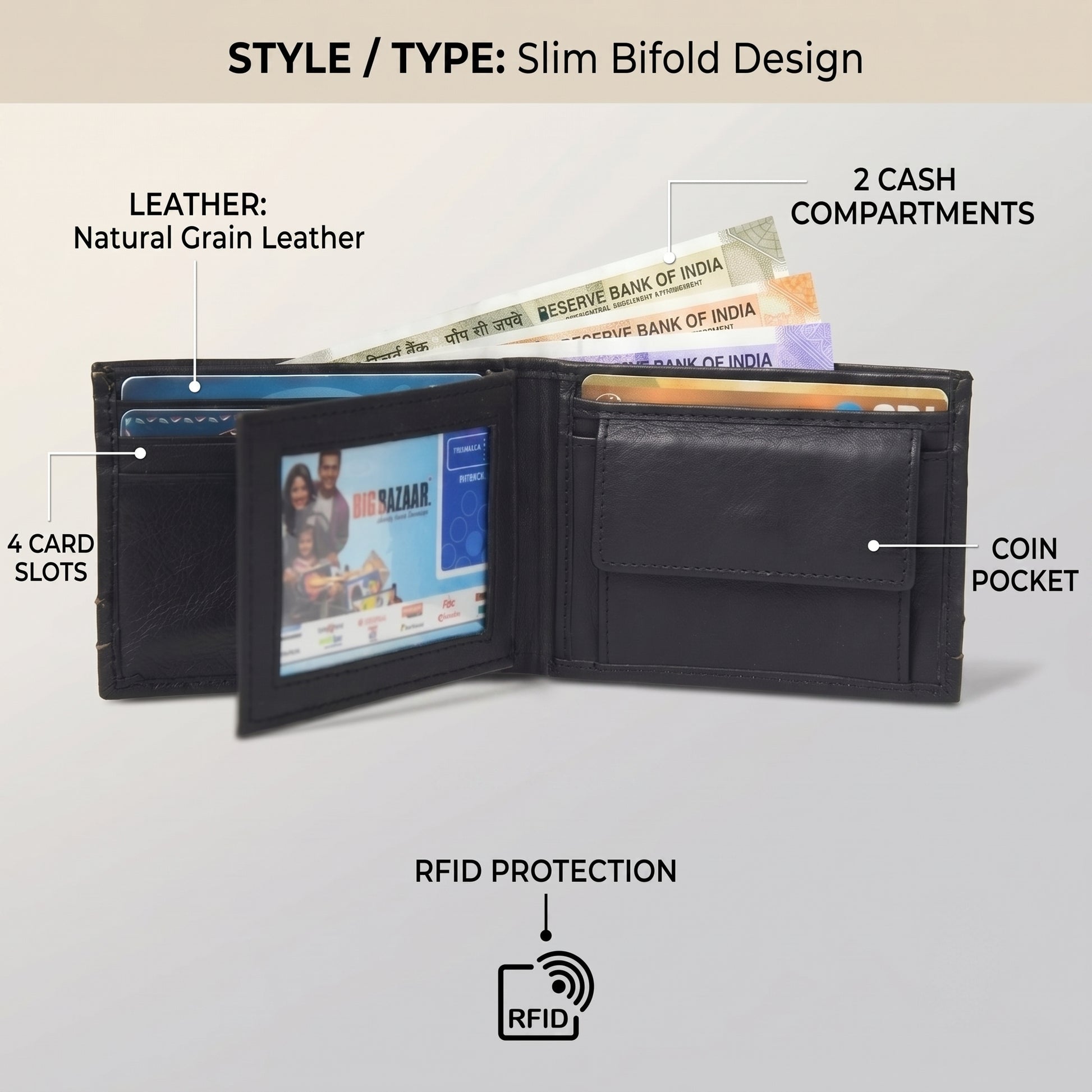 Orvyn Slim Compact Design Full-Grain Leather Wallet for Men Infographic Dark Brown