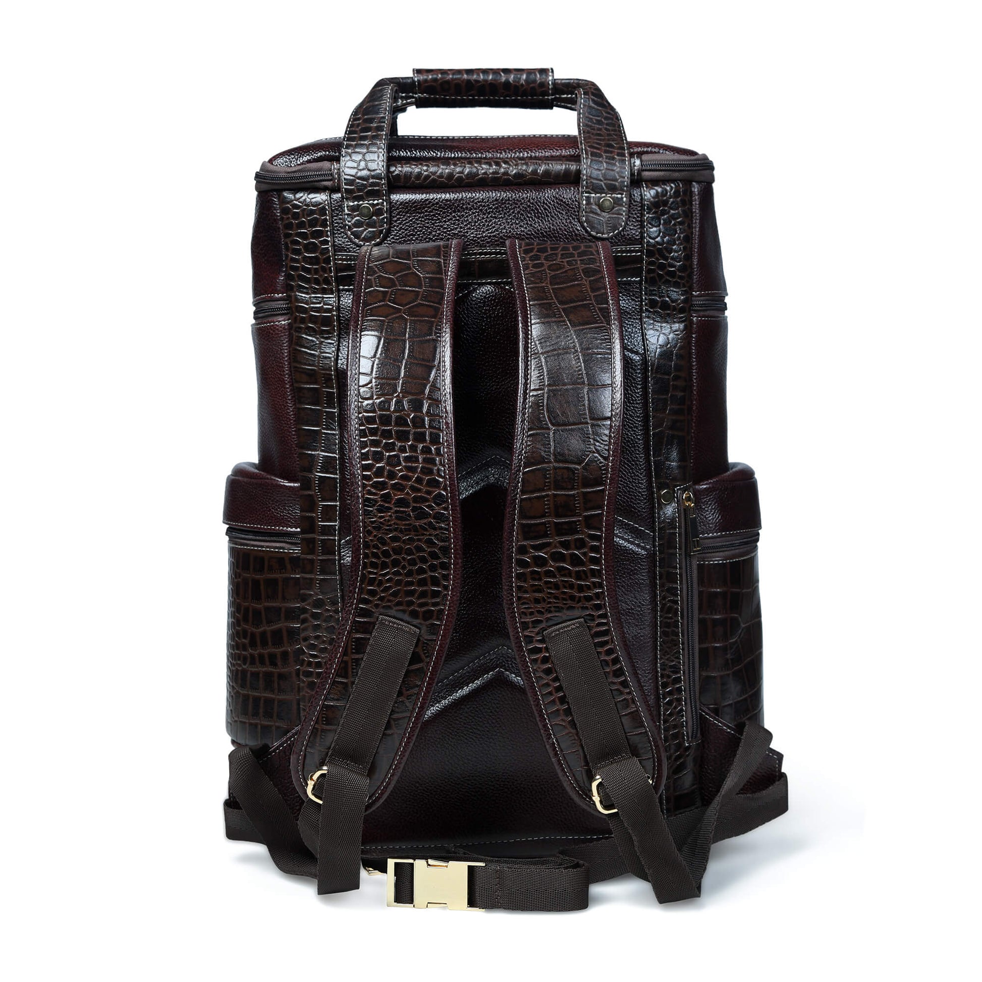 Ranger Elite Croc Full Grain Leather Travel Backpack Back View Mahogany Brown