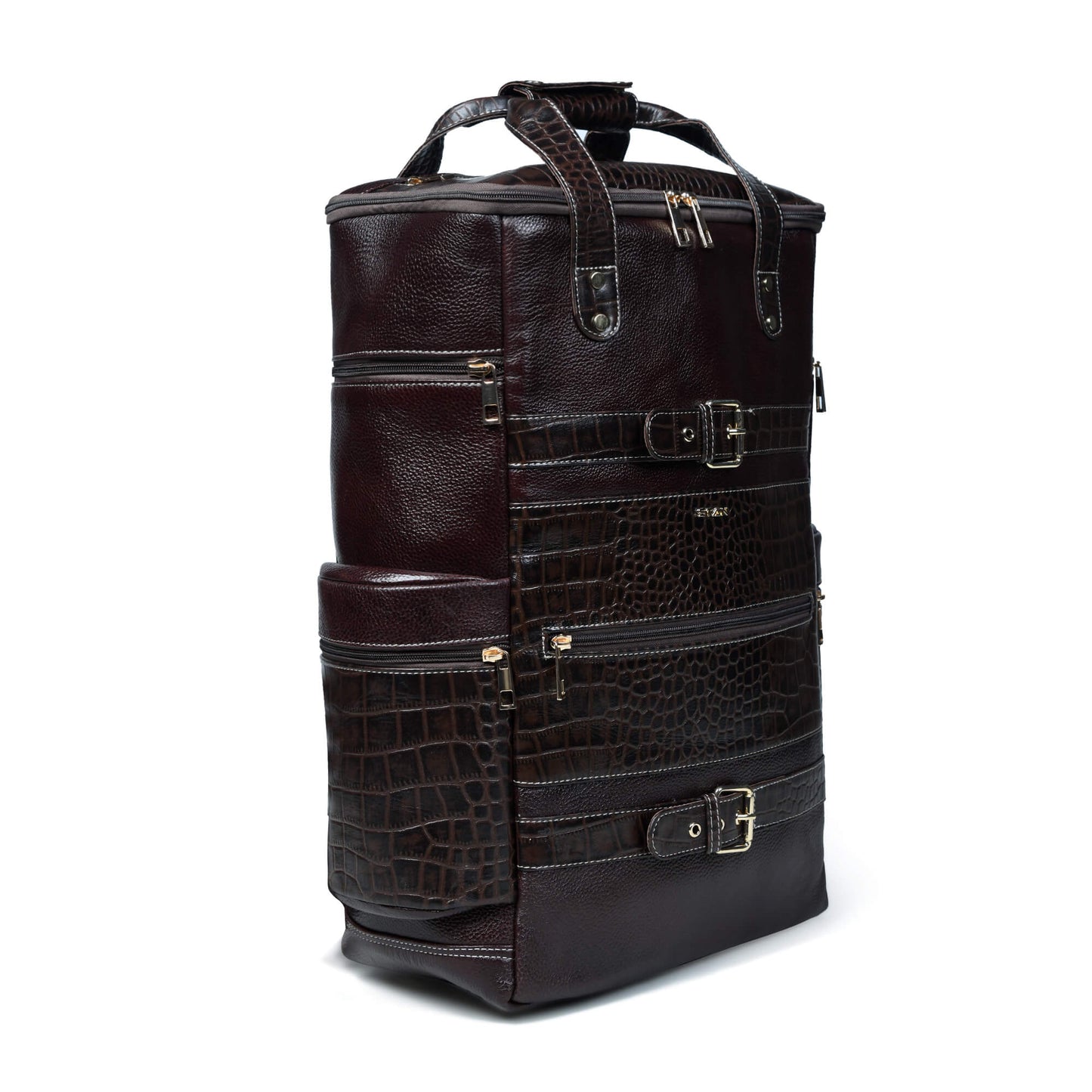 Ranger Elite Croc Full Grain Leather Travel Backpack Front Side View Mahogany Brown