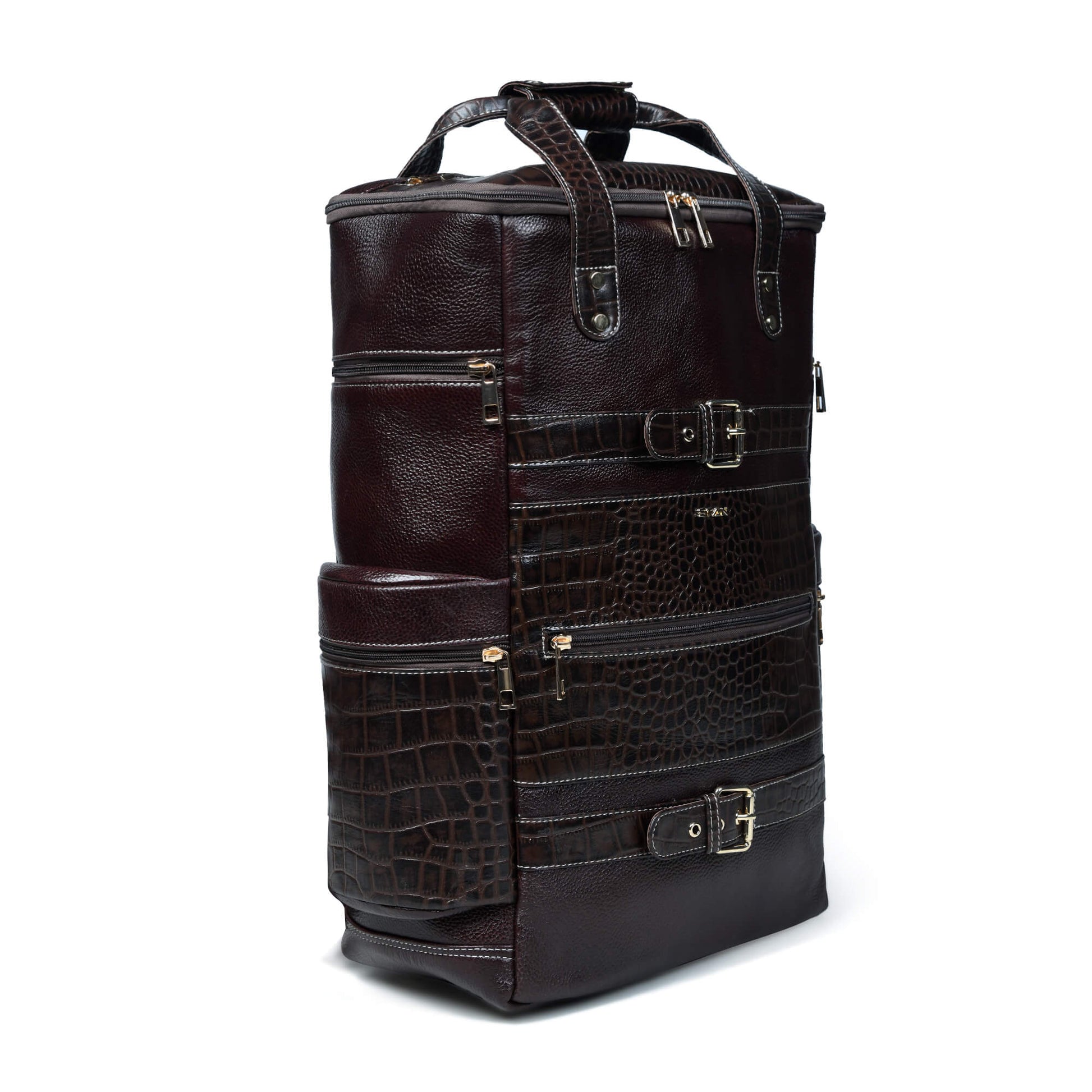 Ranger Elite Croc Full Grain Leather Travel Backpack Front Side View Mahogany Brown