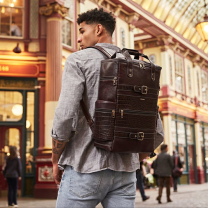Ranger Elite Croc Full Grain Leather Travel Backpack Model Carry Mahogany Brown