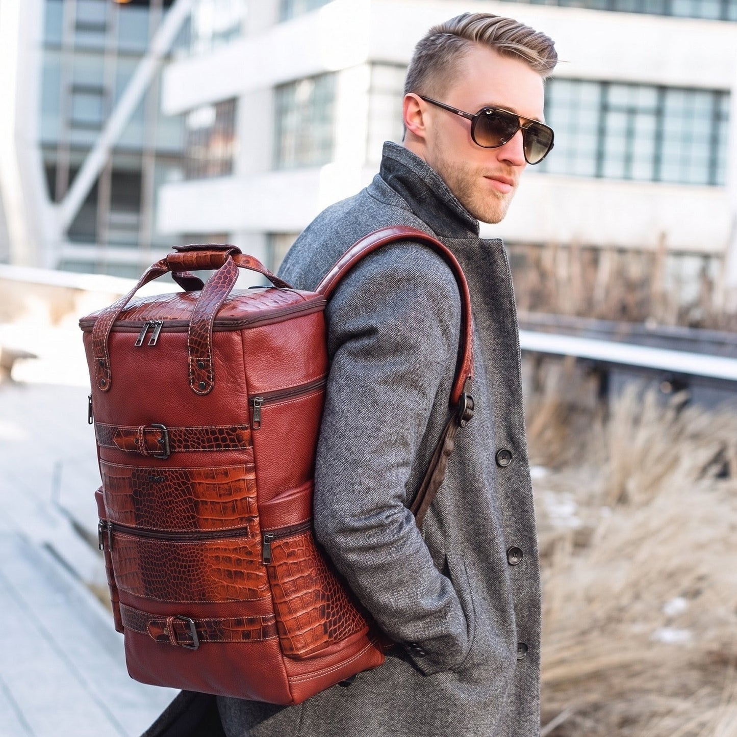 Ranger Elite Croc Full Grain Leather Travel Backpack Model Carry Persian Red