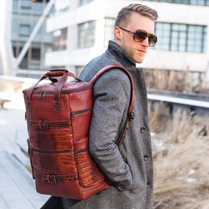 Ranger Elite Croc Full Grain Leather Travel Backpack Model Carry Persian Red