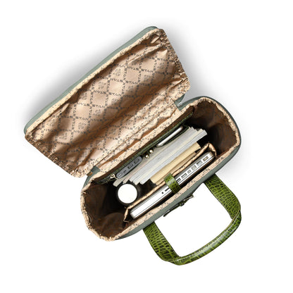 Ranger Elite Croc Full Grain Leather Travel Backpack Open Filled Moss Green