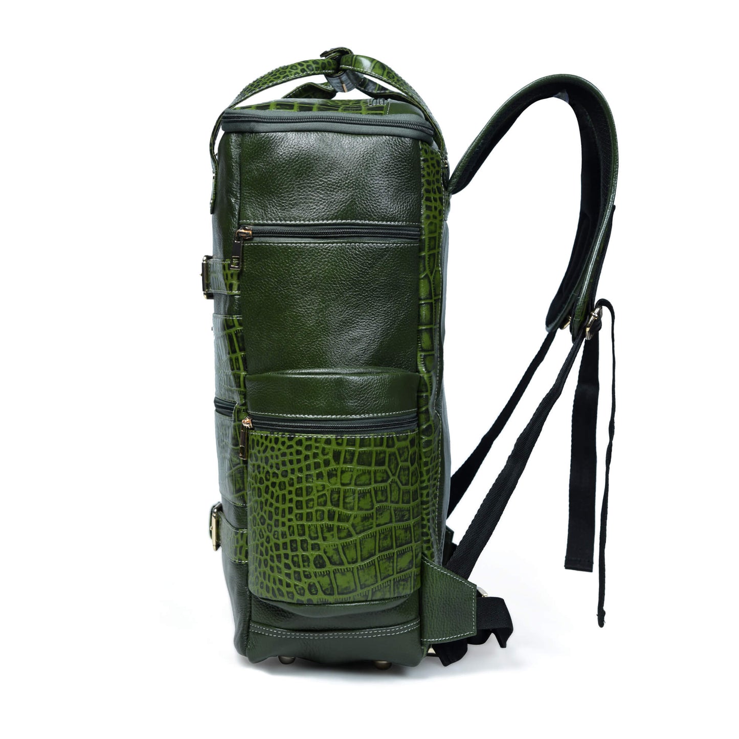 Ranger Elite Croc Full Grain Leather Travel Backpack Side View Moss Green