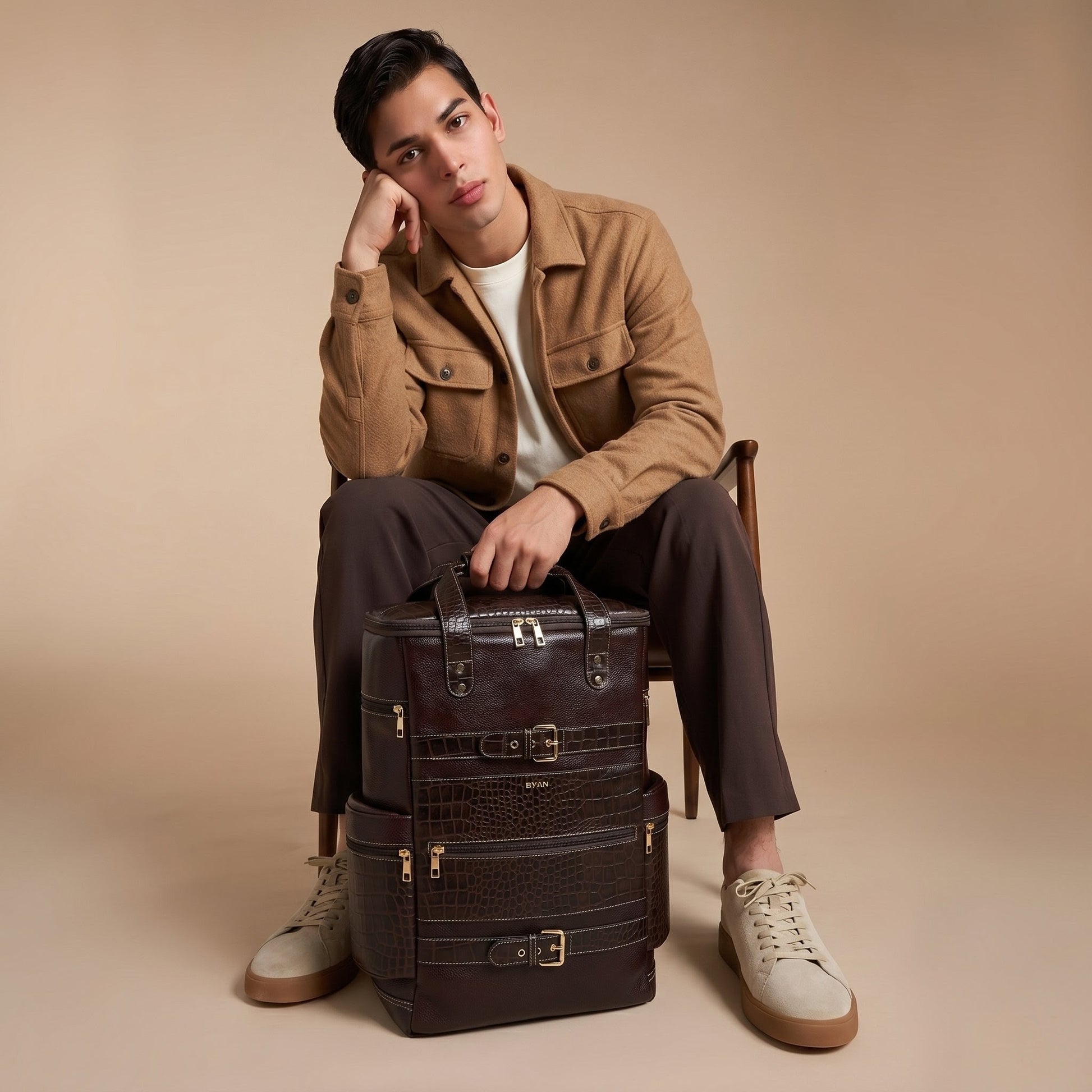 Ranger Elite Croc Full Grain Leather Travel Backpack with Model Mahogany Brown