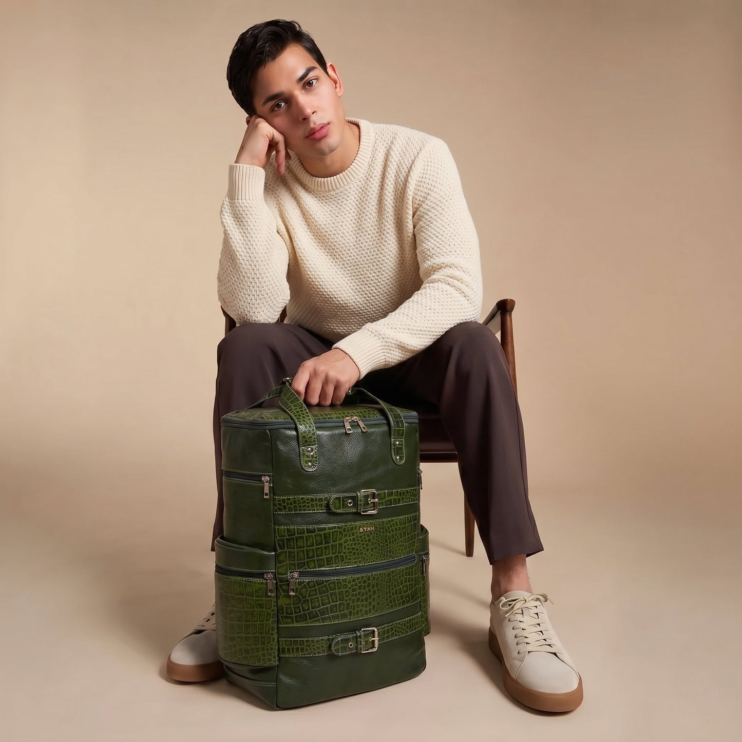 Ranger Elite Croc Full Grain Leather Travel Backpack with Model Moss Green