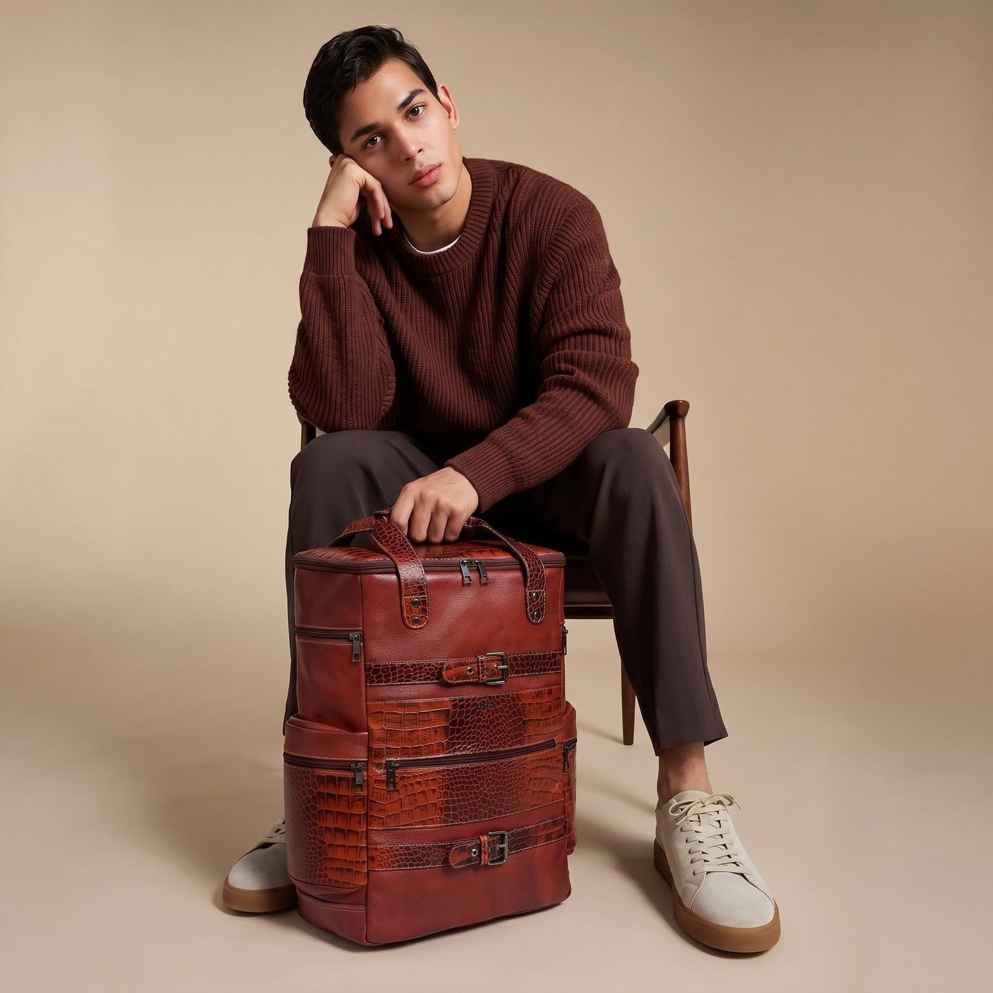 Ranger Elite Croc Full Grain Leather Travel Backpack with Model Persian Red
