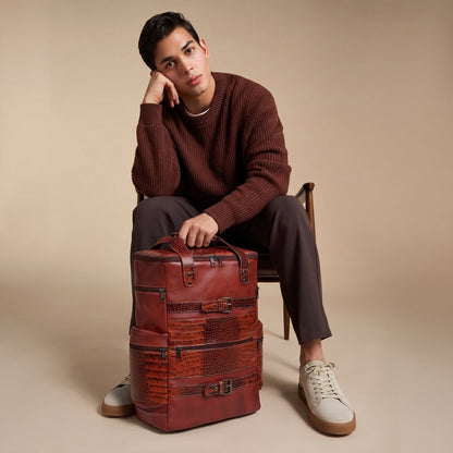 Ranger Elite Croc Full Grain Leather Travel Backpack with Model Persian Red