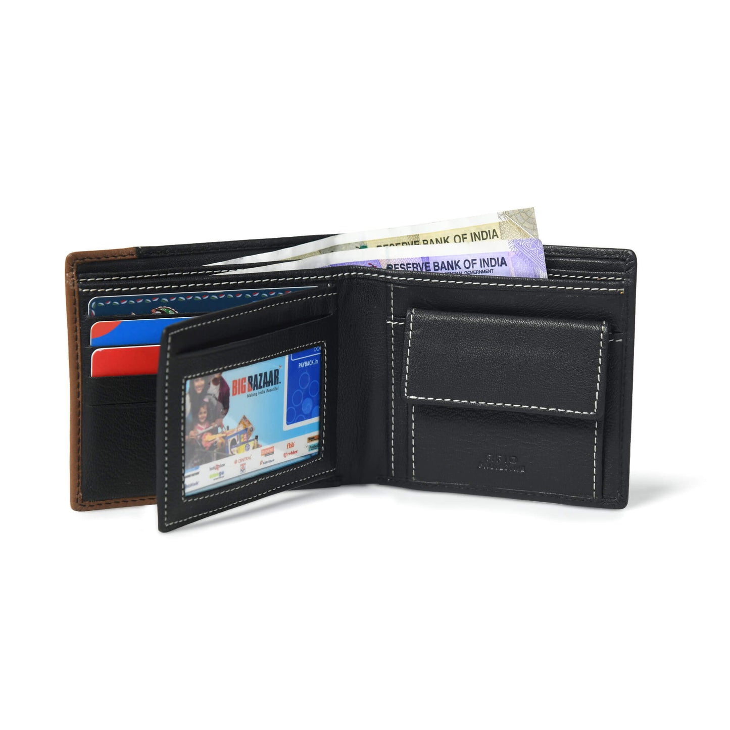  Rovian Men Full Grain Leather Wallet Inside Black + Tan