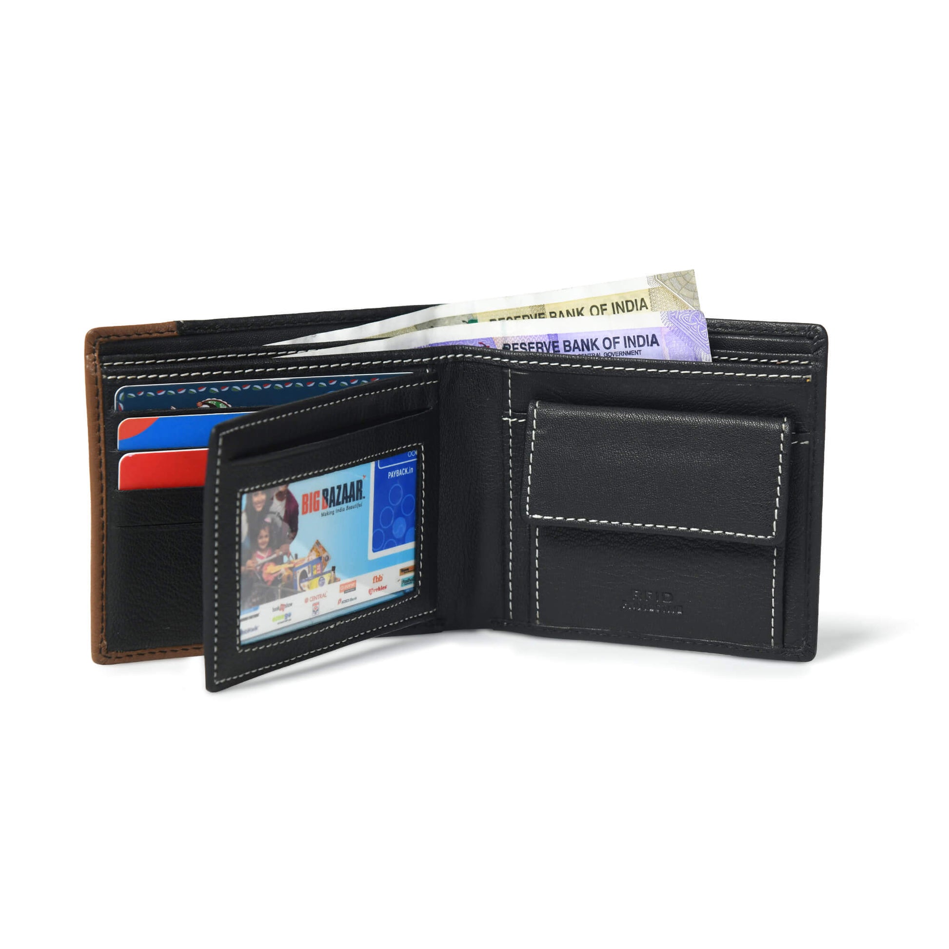  Rovian Men Full Grain Leather Wallet Inside Black + Tan