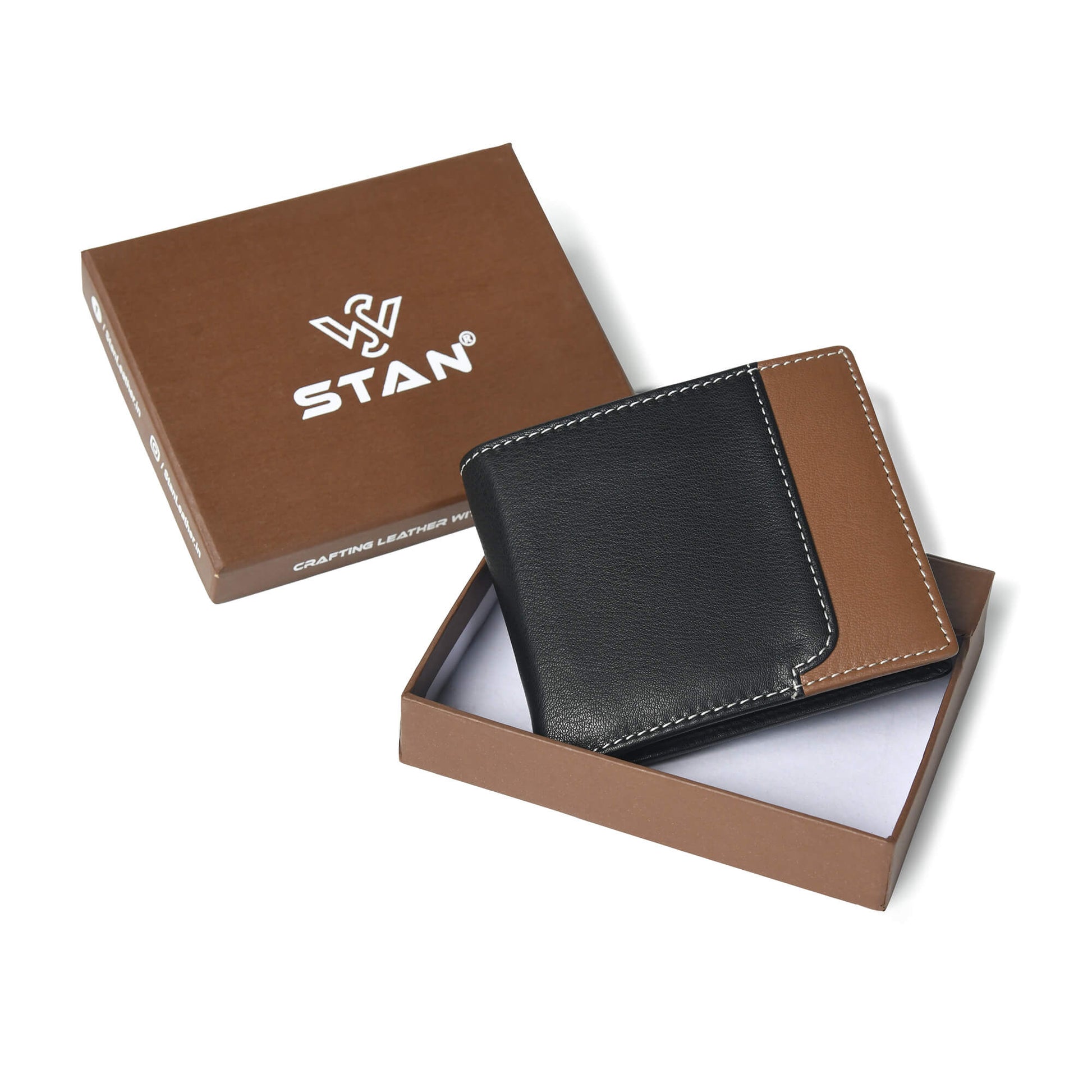 Rovian Men Full Grain Leather Wallet in Box Black + Tan