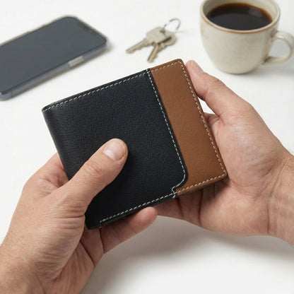 Rovian Men Full Grain Leather Wallet in Hand Black + Tan