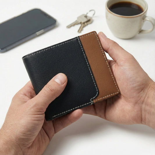 Rovian Men Full Grain Leather Wallet in Hand Black + Tan