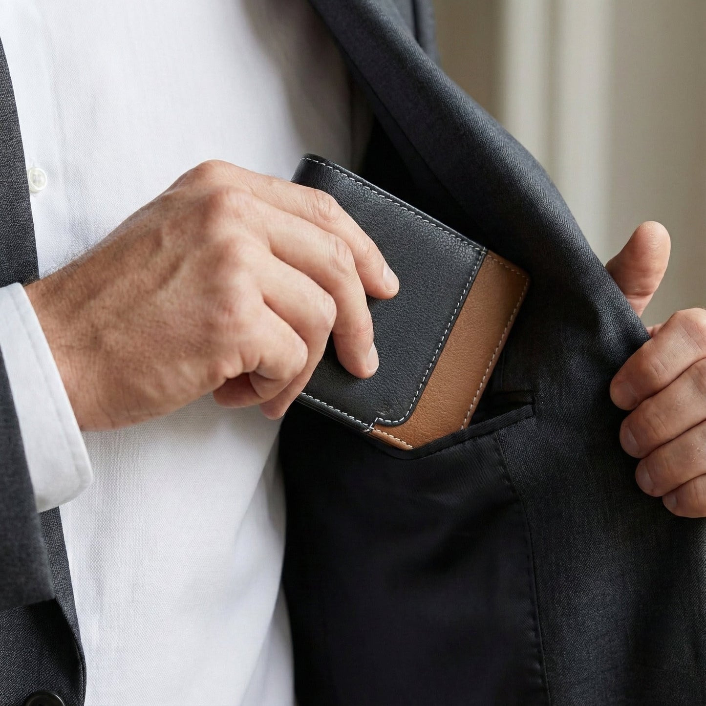 Rovian Men Full Grain Leather Wallet in Pocket Black + Tan