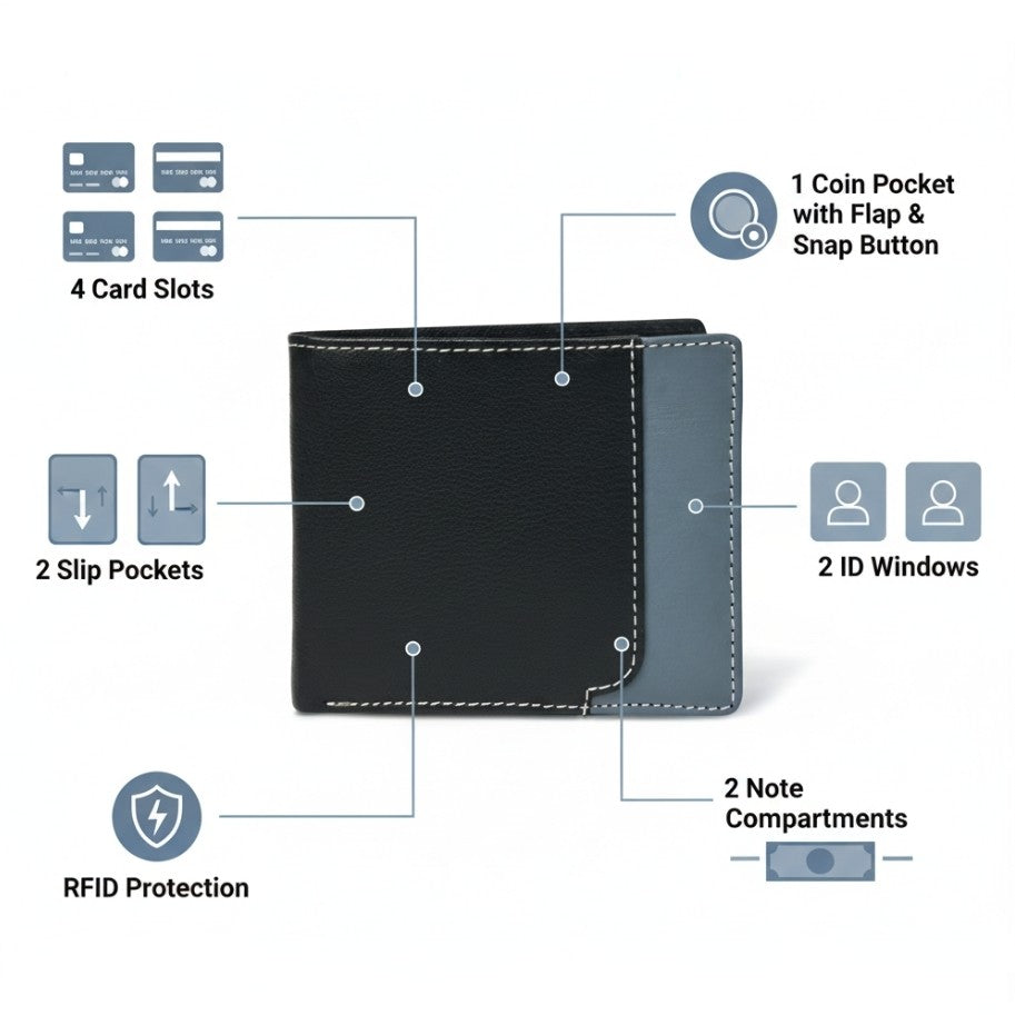 Rovian Mens Full Grain Leather Wallet Infographics Black + Grey